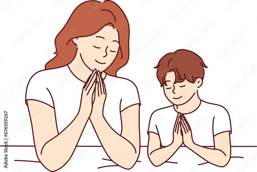 Mom prays with son before bed, asking god to teaching child to religious lifestyle Mom prays with son before bed, asking god to teaching child to religious lifestyle