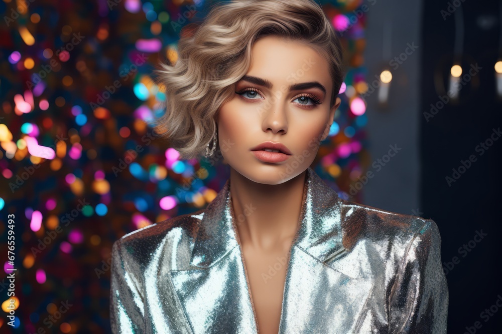 Portrait of young blonde beautiful woman wearing shining silver suit and evening makeup at the party Portrait of young blonde beautiful woman wearing shining silver suit and evening makeup at the party