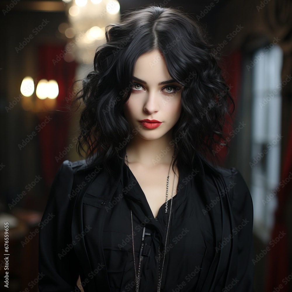 A cheeky woman in leather, a gothic business style for an imperious character. Lady in jewelry, black clothes on a slender girl. Straight open look into the camera, dangerous woman A cheeky woman in leather, a gothic business style for an imperious character. Lady in jewelry, black clothes on a slender girl. Straight open look into the camera, dangerous woman