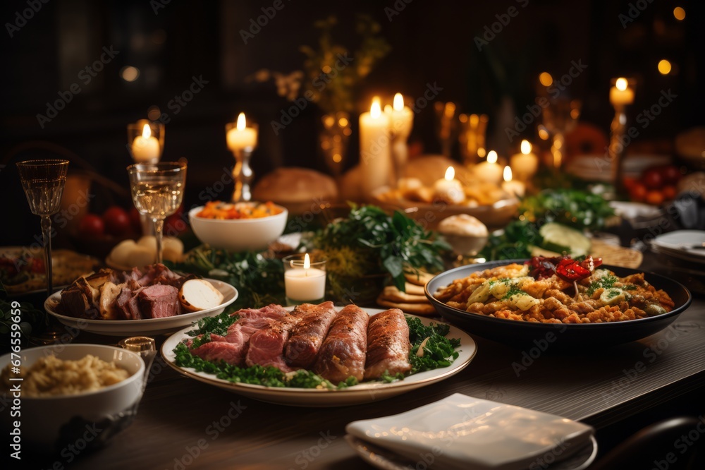 Festive table with a lot of dishes. Family dinner. Dinner at the restaurant. Festive table with a lot of dishes. Family dinner. Dinner at the restaurant.