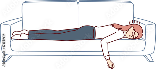 Obraz na płótnie Tired business woman sleeps on couch, feeling lack of strength to change into pa