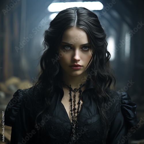 A cheeky woman in leather, a gothic business style for an imperious character. Lady in jewelry, black clothes on a slender girl. Straight open look into the camera, dangerous woman 