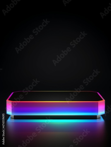 Holo Glossy Surface Minimalistic Product Podium. The Stage for Product Presentation on Black Background. Geometric Platform Pedestal. Ai Generated Vertical Podium Mockup for a Product advertisement. © Vector Juice