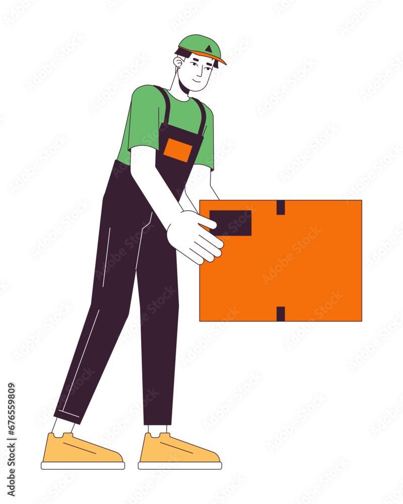 Young adult asian delivery man putting down box 2D linear cartoon character. Korean guy professional mover isolated line vector person white background. Holding parcel color flat spot illustration