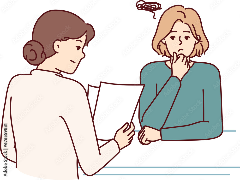 Woman is interviewing in corporation and is nervous waiting for recruiter to read resume Woman is interviewing in corporation and is nervous waiting for recruiter to read resume