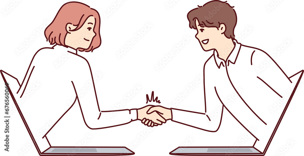 Fototapeta premium Handshake of business people leaning out of laptop and making remote negotiations via internet