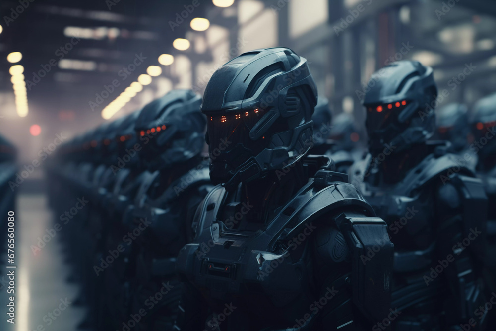Futuristic Soldiers in Dystopian City. Advanced Robotic Army. Created with Generative AI.
