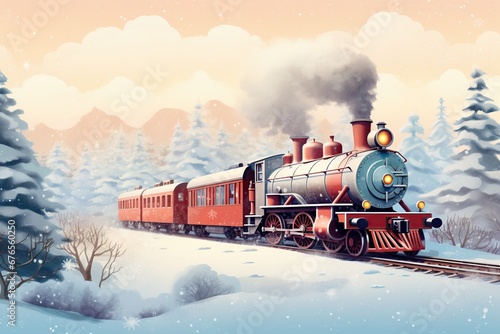 Vintage illustration of an old red train decorated for Christmas. Steam locomotive, passenger cars and snowy scenery.