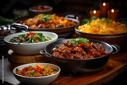 Festive table with a lot of dishes. Family dinner. Dinner at the restaurant.