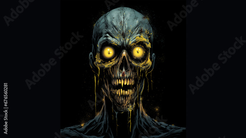A creepy zombie with yellow eyes and a black background Generative AI