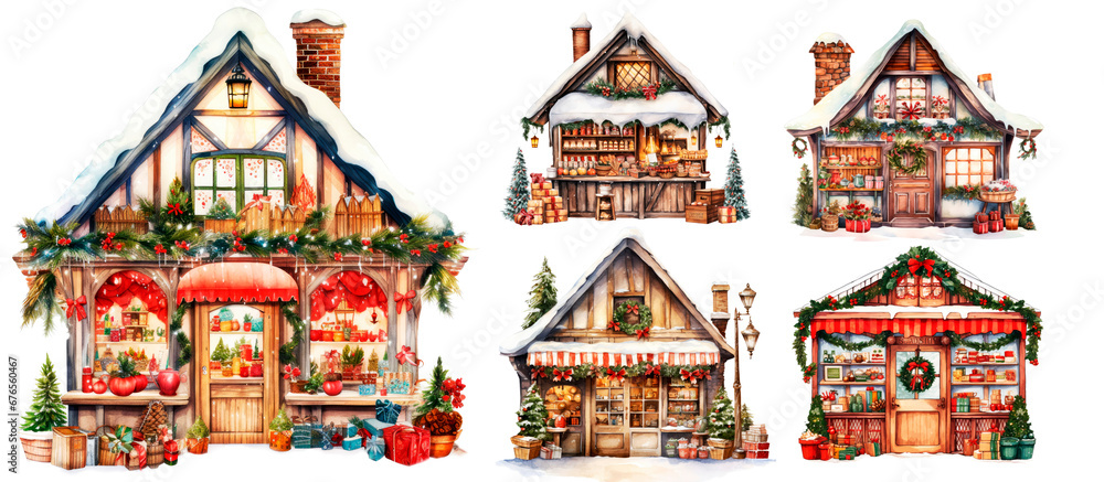 Christmas Market, Winter Shop, Cozy Christmas holiday illustration, vintage style