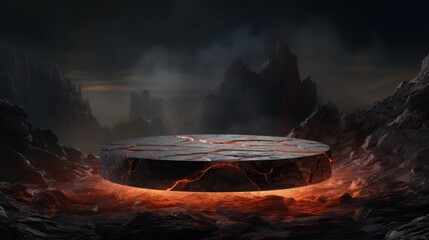 Fire lava podium rock volcano background product magma display 3d scene stone floor. Platform lava podium mountain fire smoke stage hot outdoor ground geometric isolated blast abstract texture meteor
