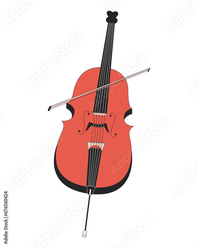 Cello string instrument 2D linear cartoon object. Orchestra violoncello isolated line vector element white background. Classical musical instrument with cello bow color flat spot illustration