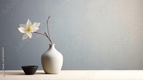  a white vase with a white flower in it and a black vase with a white flower in it on a table. generative ai