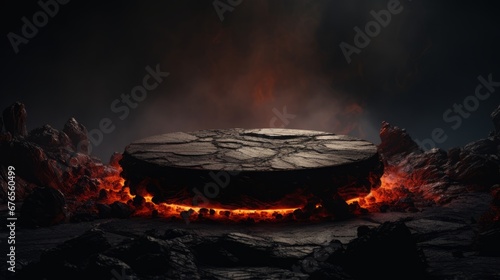 Fire lava podium rock volcano background product magma display 3d scene stone floor. Platform lava podium mountain fire smoke stage hot outdoor ground geometric isolated blast abstract texture meteor