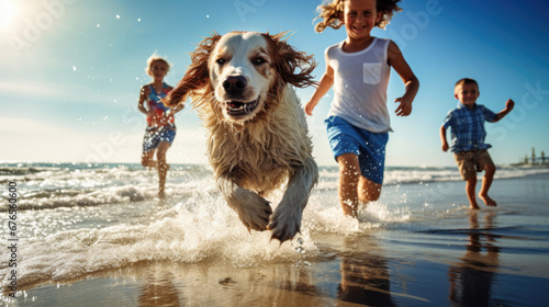  Happy children with dog on the beach. Camping and travel concept