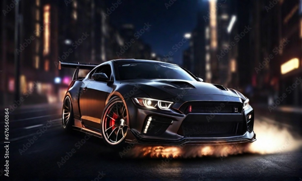 thrill of speed, a sports car wheel drifts against the backdrop of city lights at night. This dynamic scene blends the excitement of high-performance driving with the vibrant energy of an urban settin