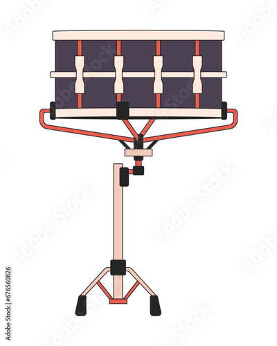 Snare drum 2D linear cartoon object. Musical percussion instrument solo isolated line vector element white background. Side drum. Drumming hardware. Part of drum set color flat spot illustration