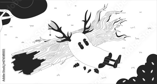 Cute ghost in melancholy autumn forest black and white lofi wallpaper. Spirit with deer antlers 2D outline character cartoon flat illustration. Fallen tree trunk vector line lo fi aesthetic background