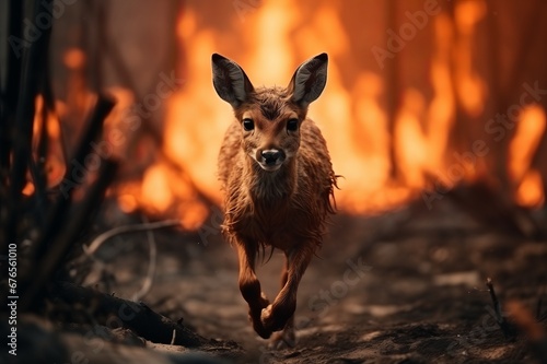 The animal runs away and the forest is burning. Forest fires. Ecological catastrophy.