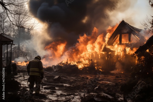 Firefighters extinguish the fire. War. Destroyed houses damaged by war.