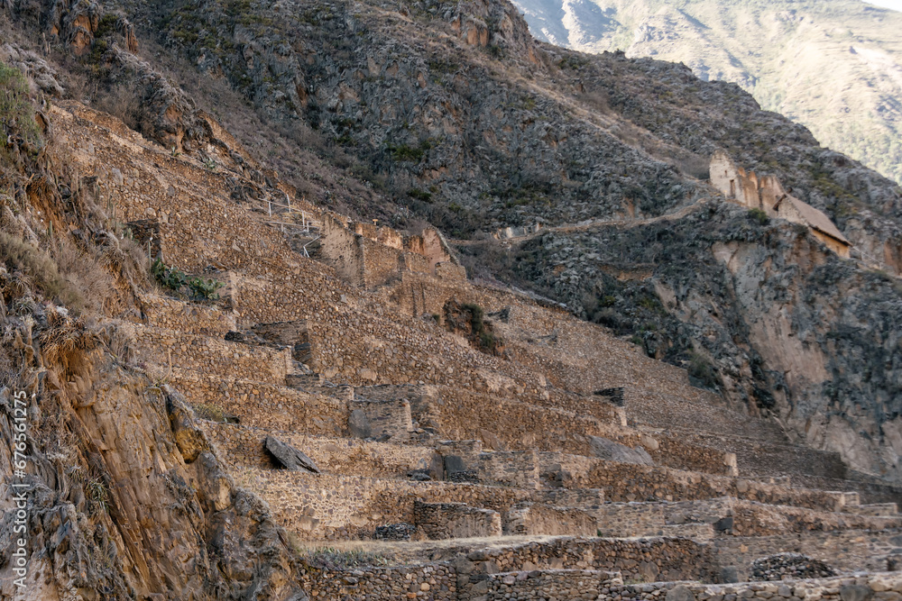 View of the temple hill in Ollantaytambo. Peru