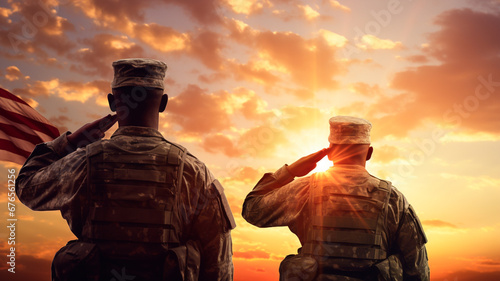 military soldiers in front of american flag background.