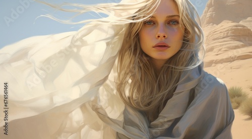 Mysterious woman's face partially covered by a flowing white fabric in the desert