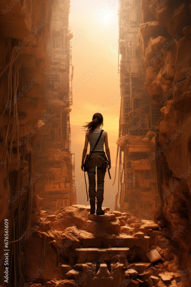 Fototapeta premium A lone person stands contemplating the vastness between dilapidated buildings under a dusk sky