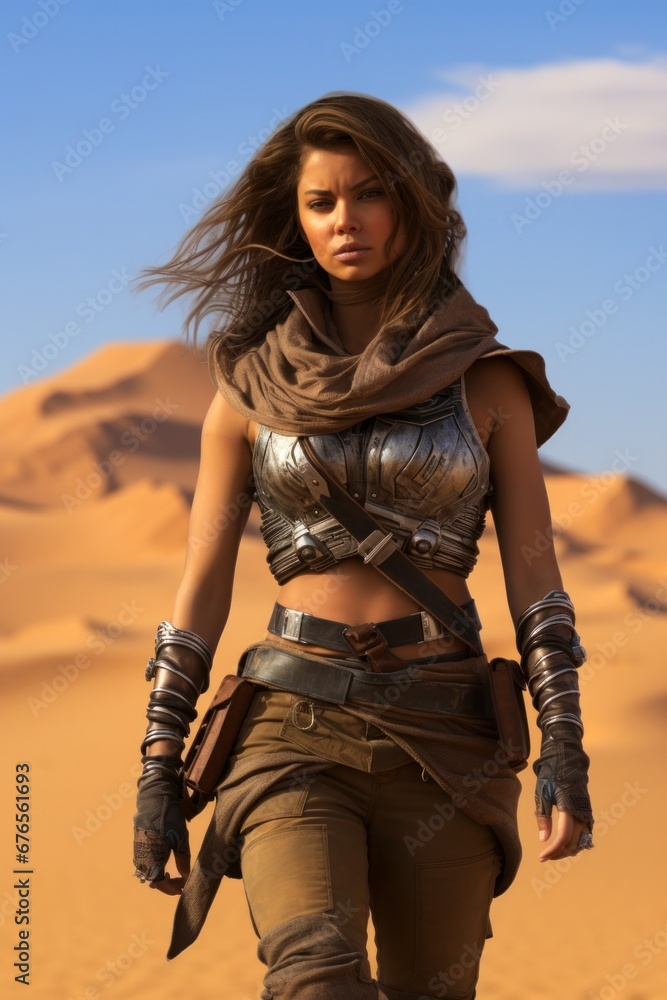 Fierce warrior woman in futuristic armor walking confidently through the desert