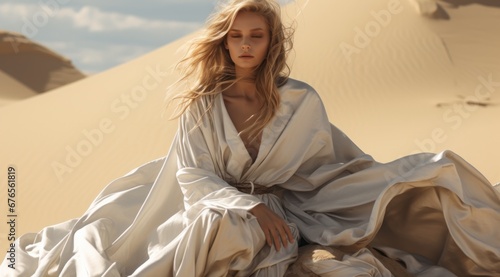 Captivating woman draped in luxurious fabric, blending with the serene sand dunes of the desert photo