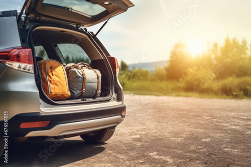 Trunk of suv car loaded with travel luggage, ready for an exciting adventure photo