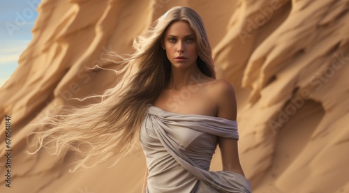 Graceful woman with flowing hair wrapped in fabric amid windswept dunes