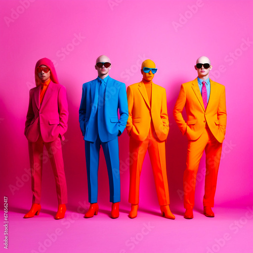 Anthropomorphic vibrant colors group photo fashion,