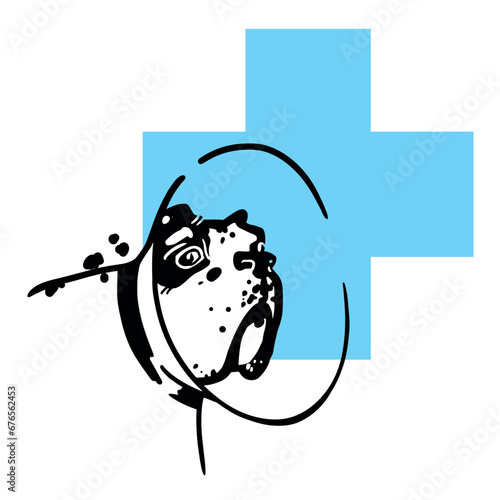 A dog with a collar for protection from external influences. Sad dog. Black and white graphics. Cartoon vector illustration. Help and support for sick animals. Veterinarian appointment.