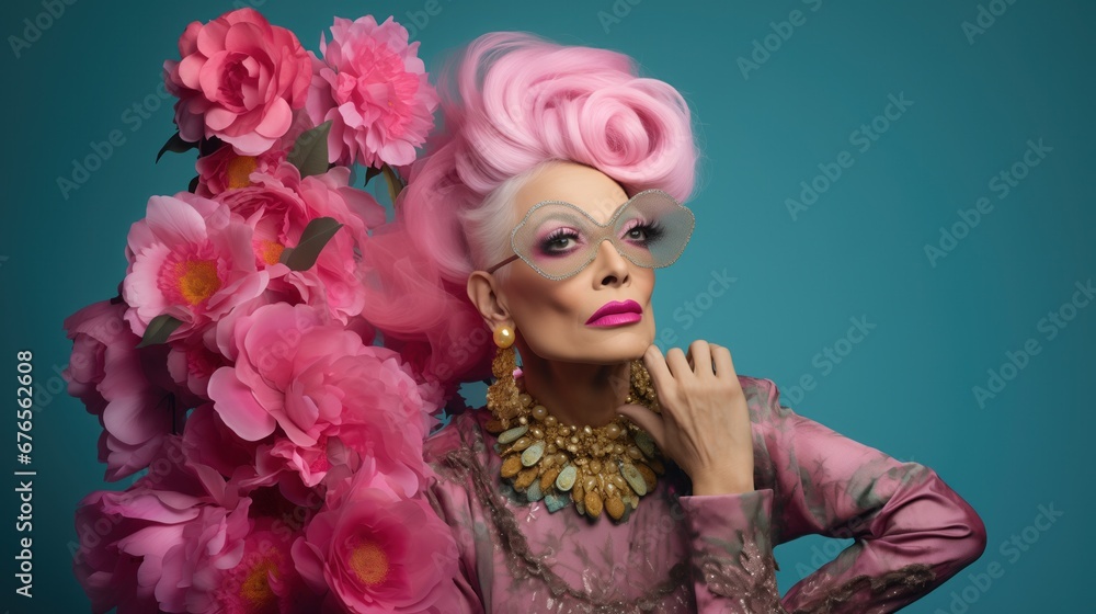 Queer, Transgender, Trans Woman Portrait wearing Silk Floral Blouse Jewellery with Pink Wig Gray Hair in front of Blue Studio Background Flowers for Fashion Glamour with Room for Text Copy