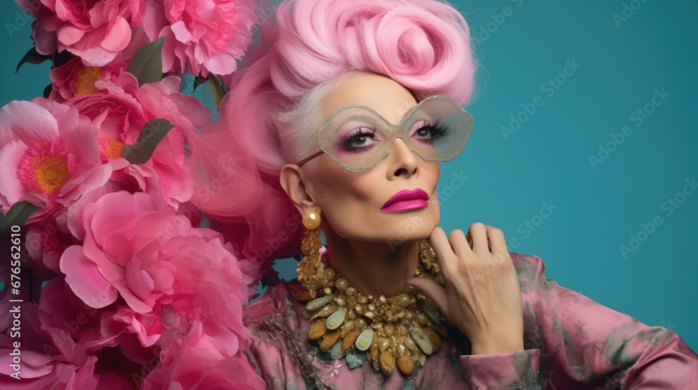 Queer, Transgender, Trans Woman Portrait wearing Silk Floral Blouse Jewellery with Pink Wig Gray Hair in front of Blue Studio Background Flowers for Fashion Glamour Style