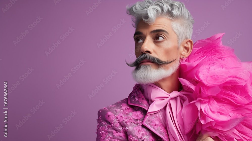 Portrait of Queer, Nonbinary, Gay Middle Aged Man with Gray Hair and Moustache wearing Pink Fuchsia Embroidered Suit Tie with Feather Boa in Studio for Fashion Portrait of Queer, Nonbinary, Gay Middle Aged Man with Gray Hair and Moustache wearing Pink Fuchsia Embroidered Suit Tie with Feather Boa in Studio for Fashion