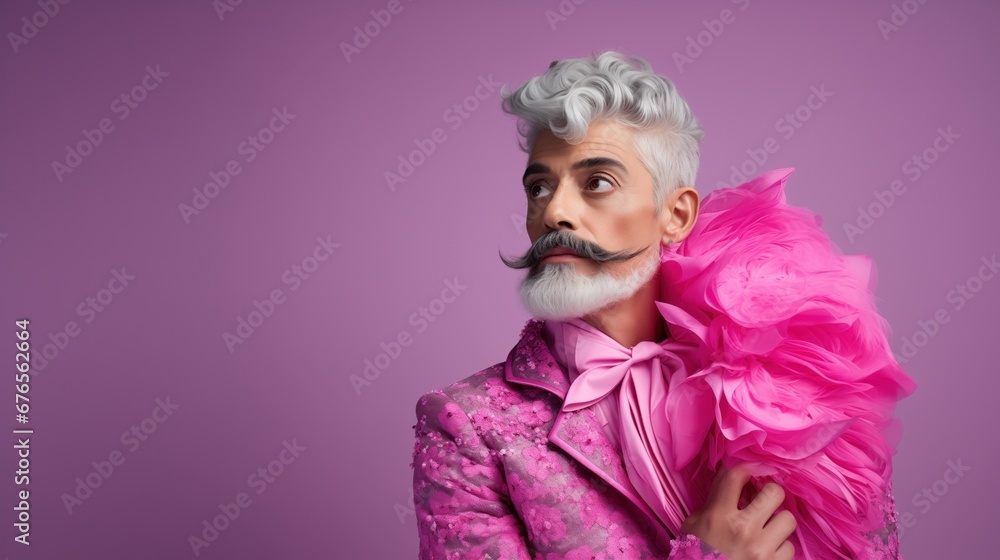 Portrait of Queer, Nonbinary, Gay Middle Aged Man with Gray Hair and Moustache wearing Pink Fuchsia Embroidered Suit Tie with Feather Boa in Studio for Fashion with Room for Text Copy