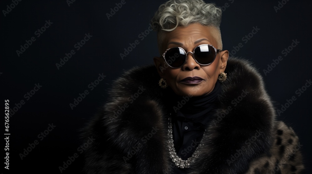 Portrait of Successful Black Woman Female Middle-Aged Confident Entrepreneur Businesswoman with Gray Hair in Studio wearing Black fur Jacket Coat Necklace Sunglasses with Room for Text Copy Portrait of Successful Black Woman Female Middle-Aged Confident Entrepreneur Businesswoman with Gray Hair in Studio wearing Black fur Jacket Coat Necklace Sunglasses with Room for Text Copy