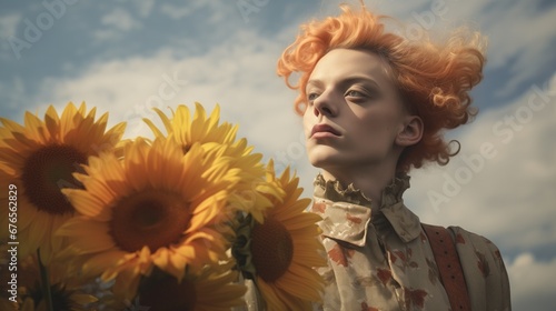 Queer, Nonbinary, Gender Fluid Young Man Woman in Field of Sunflowers Flowers with Orange Red Hair, Room for Copy Text