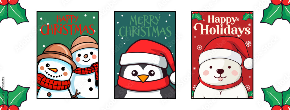 Holiday Cheer with Cute Winter Characters: A Set of Merry Christmas and Happy New Year Cartoon Cards