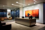 low light office area featuring reception. Generative AI