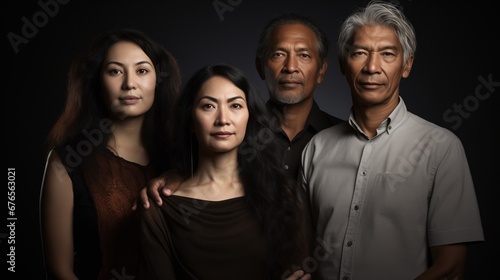 Polyamorous Quad Foursome with Multiracial Latina Asian Indian Ethical Non-Monogamy ENM Non-Traditional Relationship Alternative Lifestyle Sexuality, Aged 30s, 40s, 50s Studio Portrait photo