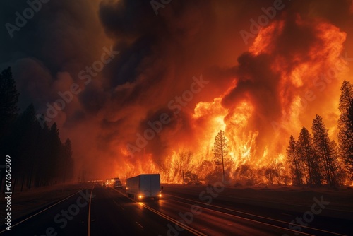 Fire encroaching on Highway 50 amidst the Caldor wildfire in California. Generative AI