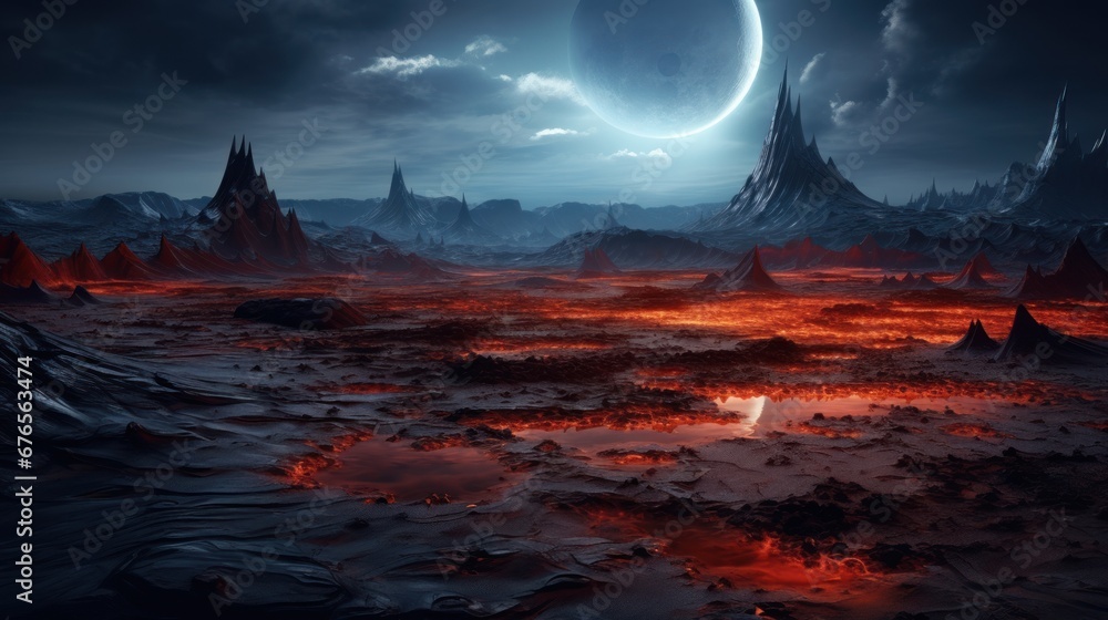 Fantastic alien landscape of another planet with mountains, lava and lakes with red fiery water, with a fantastic sky with a huge moon. Other worlds and fantasy concept. - obrazy, fototapety, plakaty 