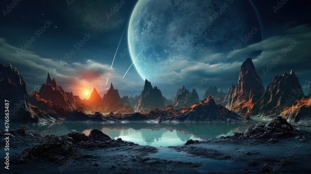 Fantastic alien landscape of another planet with mountains, lake, fantastic sky with setting sun, stars, planets and clouds. Other worlds and fantasy concept. Science fiction cosmic background.