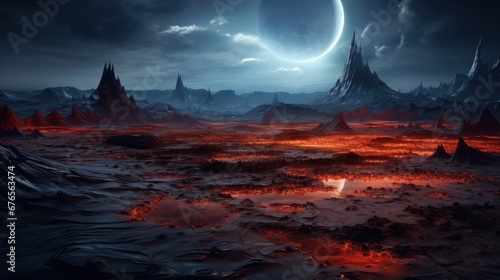 Fantastic alien landscape of another planet with mountains, lava and lakes with red fiery water, with a fantastic sky with a huge moon. Other worlds and fantasy concept. photo