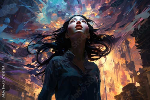 Dark-haired young woman against the background of a futuristic city and bright colorful multi-colored splashes and radiance. The girl looks in surprise at the fantastic phenomena. Sci-fi illustration.