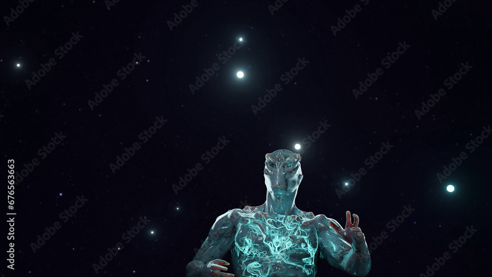 A fantastic creature from another dimension, a cosmic god in interstellar space, a fantastic 3d illustration. An anthropomorphic alien with a translucent body and a radiant nervous system